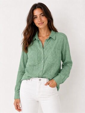 Sigrid Olsen 100% Linen Green Button-Down Shirt